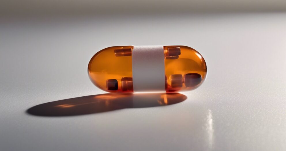 Een transparante, oranje capsule met een witte band ligt op een glad oppervlak en werpt een zachte schaduw. De capsule bevat kleinere rechthoekige elementen, zichtbaar door de heldere buitenkant.