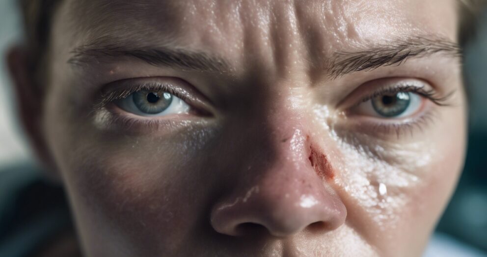 Close-up van het gezicht van een persoon met een intense uitdrukking. Er zit een kleine blauwe plek op de neus en de huid lijkt bezweet. De blauwe ogen van de persoon staan wijd open, wat een gevoel van focus of vastberadenheid uitstraalt.