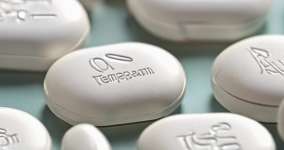 Close-up van verschillende witte, ovale pillen, met één met prominent "Temazepam" gegraveerd op het oppervlak. De achtergrond heeft een zachte blauwe tint en andere pillen met verschillende markeringen zijn gedeeltelijk zichtbaar eromheen.