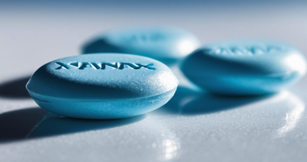 Close-up van drie blauwe ovale pillen, met het woord "XANAX" in reliëf op één zichtbare pil. De pillen zijn diagonaal gerangschikt op een glad, reflecterend oppervlak met een lichtblauwe tint.