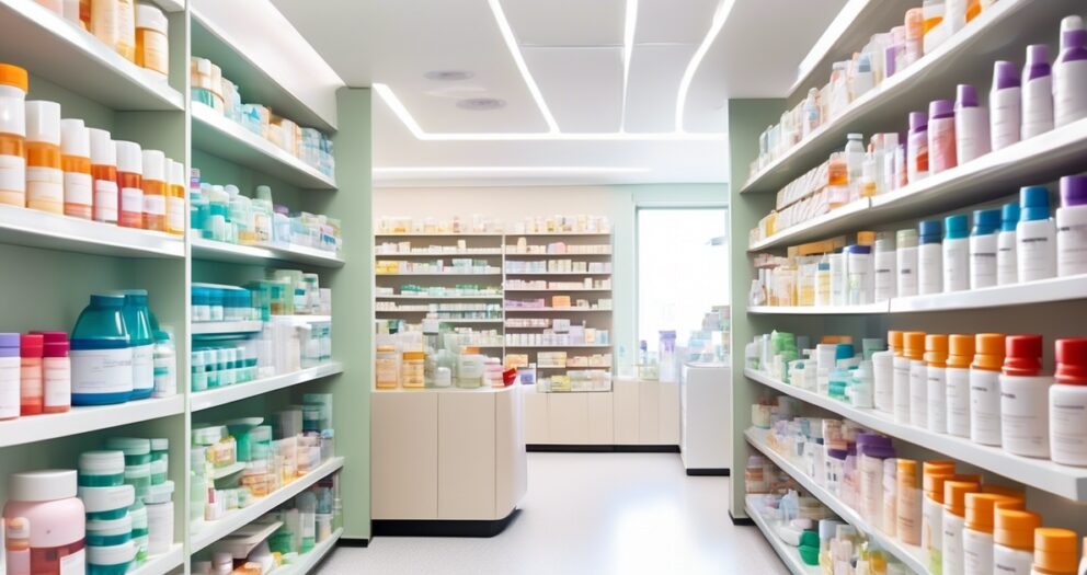 Een helder verlicht apotheekinterieur met netjes georganiseerde planken gevuld met verschillende medicijnflessen en producten. De planken zijn bekleed met kleurrijke verpakkingen en er is een schoon, modern ontwerp met zachte verlichting erboven.