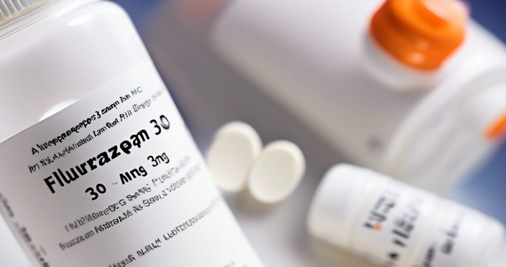 Close-up van een medicijnfles met het label "Flurazepam 30 mg." Twee ronde witte pillen rusten naast de fles. Een wazige, grotere fles met een oranje dop staat op de achtergrond, enigszins onscherp.
