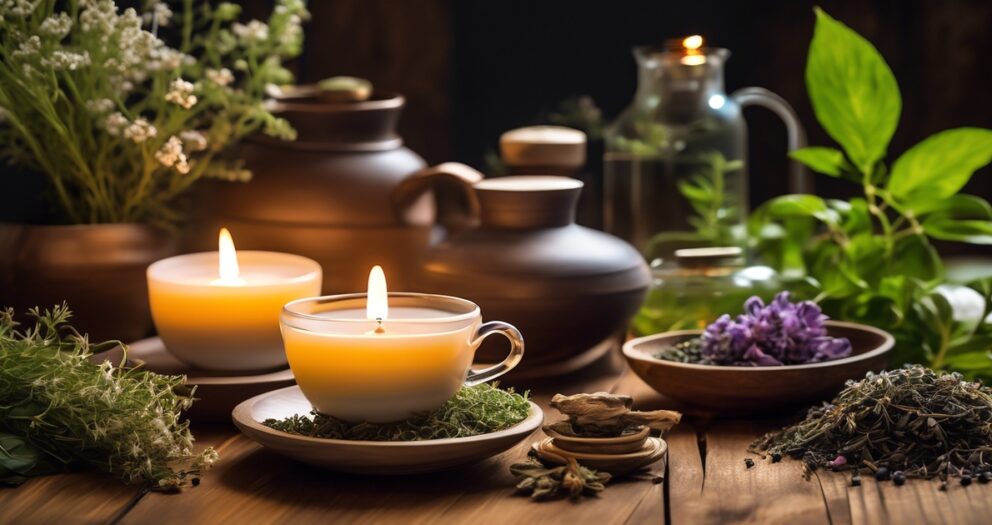 Een gezellige opstelling met brandende kaarsen op een tafel omringd door kruiden, bloemen en aardewerk. Verse groene bladeren en gedroogde kruiden zijn kunstig gerangschikt, wat een natuurlijke, kalmerende ambiance creëert.