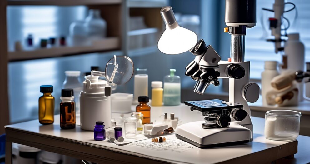 Een goed verlichte laboratoriumscène met een microscoop als middelpunt. Rondom de microscoop staan verschillende flessen en containers in verschillende kleuren en maten. Op de achtergrond staan planken met extra laboratoriumuitrusting.