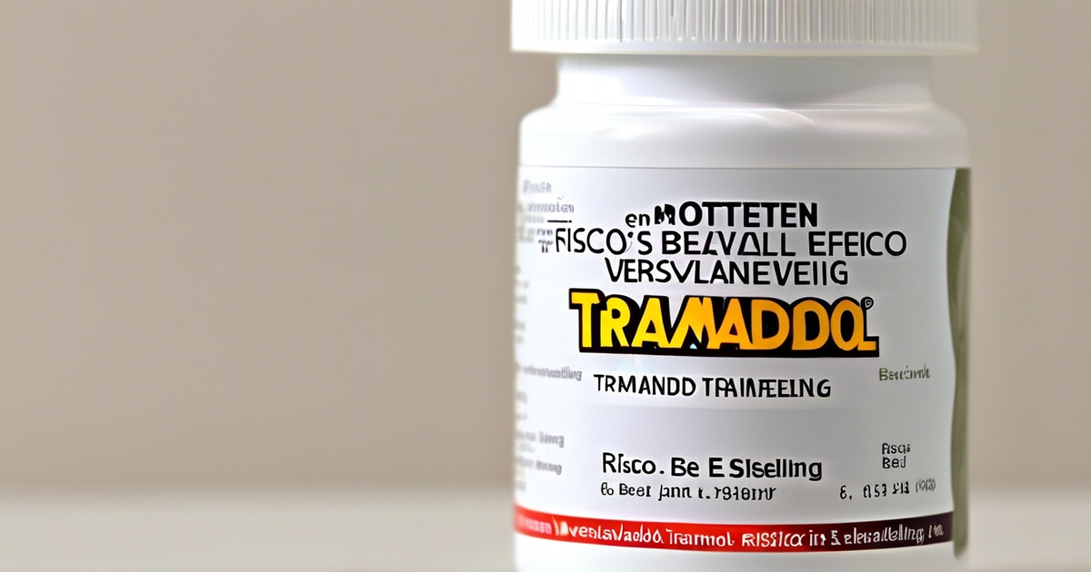 Een witte pillenfles met een label met de tekst "TRAMADDOL" in vette gele letters. Aanvullende tekst is geschreven in een kleiner lettertype, wat medische informatie en instructies aangeeft. De fles staat op een effen, lichte achtergrond.