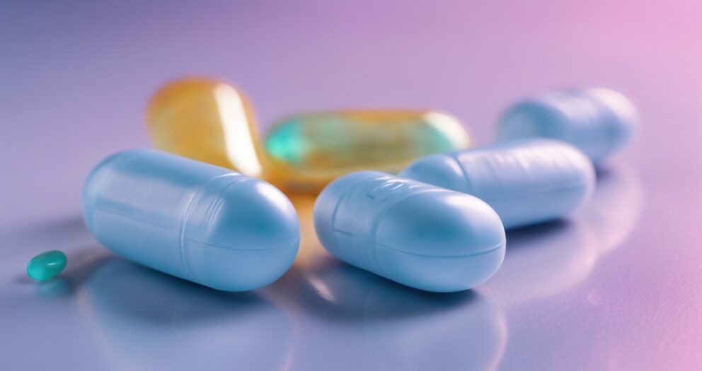 Een close-up van verschillende gekleurde capsules en pillen op een glad oppervlak. De focus ligt op verschillende grote, lichtblauwe capsules, met een doorschijnende gele capsule en een kleine groene pil op de achtergrond. De verlichting heeft een zachte roze en paarse tint.