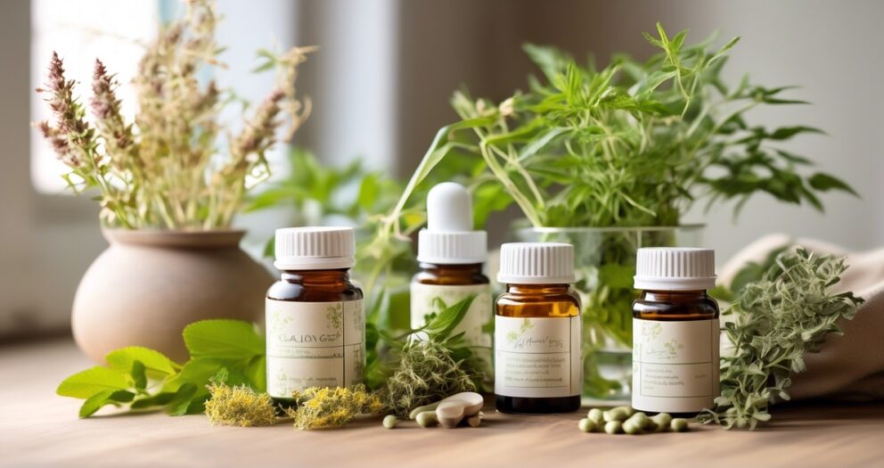 Flessen met kruidensupplementen en capsules staan op een houten tafel, omringd door verse kruiden in een lichte omgeving. De scène suggereert een natuurlijke en holistische benadering van welzijn.