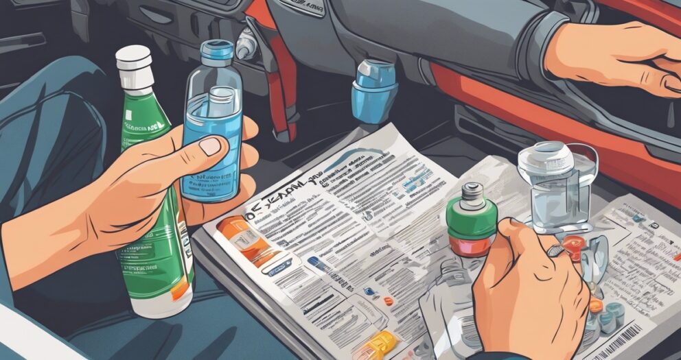 Illustratie van een persoon in een auto die hoestdrank klaarmaakt. De persoon houdt een fles en een omgedraaide dop vast, terwijl een andere dop en fles op een open handleiding in de middenconsole rusten. Het dashboard en het stuurwiel zijn zichtbaar.