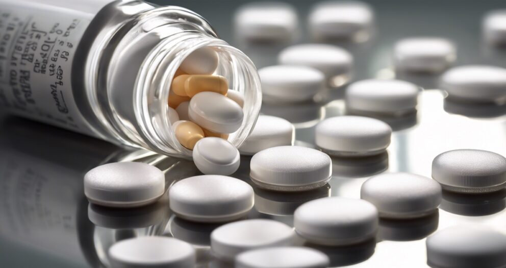 Een glazen fles wordt omgegooid, waardoor pillen op een reflecterend oppervlak vallen. De pillen zijn een mix van kleine witte tabletten en ovale capsules met witte en bruine kleuren. De scène geeft een medische of farmaceutische context weer.