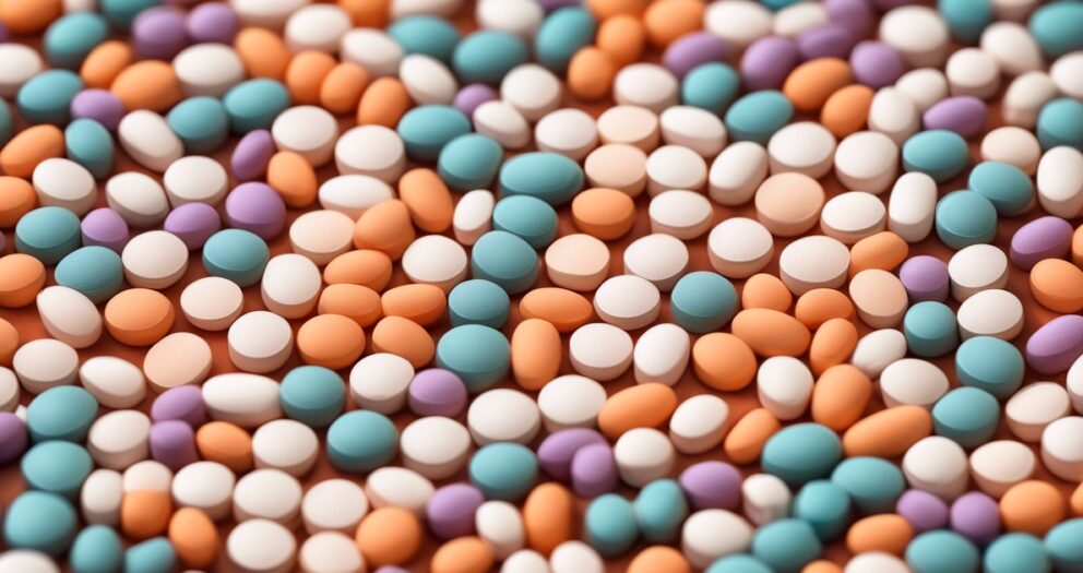 Een kleurrijk assortiment van kleine, ronde tabletten in oranje, blauwgroen, wit en paars, willekeurig verspreid over een oppervlak. De verscheidenheid aan kleuren creëert een levendig en visueel interessant patroon.