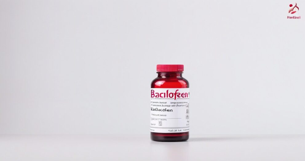 Een rode fles Baclofen tabletten met een wit etiket en rode dop is geplaatst op een effen lichtgrijs oppervlak. Het etiket bevat informatie over de dosering en gebruiksinstructies, en het logo van Hetizel is zichtbaar in de rechterbovenhoek.