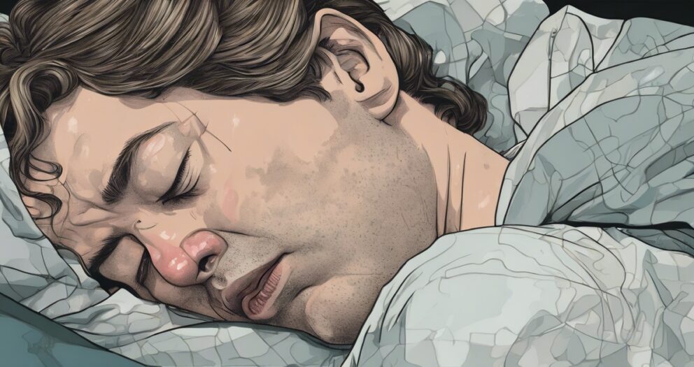 Geïllustreerde close-up van een persoon die vredig slaapt op een kussen. De persoon heeft golvend haar en een serene uitdrukking, bedekt door een gekreukelde, gepatroneerde deken. De kleuren zijn zacht en gedempt, wat een kalme sfeer creëert.