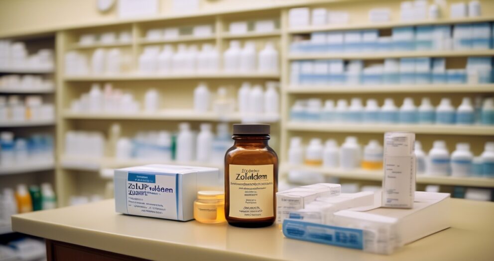 Apotheekbalie met diverse medicijnflessen en -dozen, waaronder een prominent tentoongestelde fles met het opschrift 'Zolddem'. Planken met talrijke flessen en verpakkingen op de achtergrond.