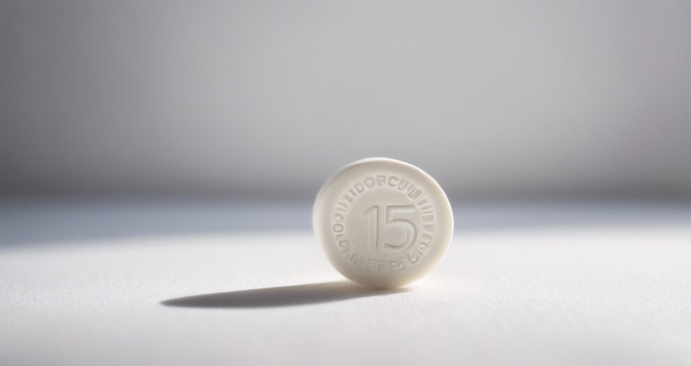 Een ronde, witte, gegraveerde pepermuntsnoepje met het getal "15" erop ligt op een wit oppervlak en werpt een zachte schaduw op een neutrale achtergrond.