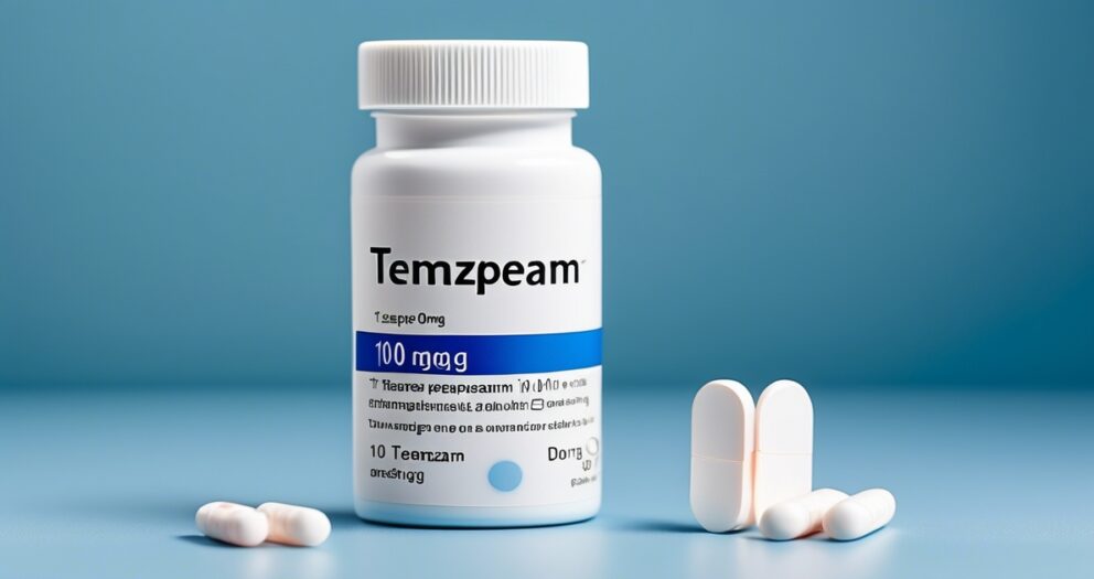 Een witte fles met het label "Temzpeam 100 mg" staat op een blauw oppervlak. De fles is afgesloten met een witte dop en ernaast liggen verschillende witte capsules, sommige rechtopstaand en andere liggend. De achtergrond is een gradiënt van lichtblauw.