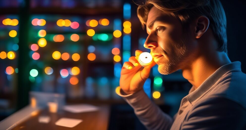 Een man houdt een gloeiend rond object bij zijn gezicht, en kijkt peinzend. Hij staat in een slecht verlichte kamer met kleurrijke bokehlichten op de achtergrond, wat een warme en reflecterende atmosfeer creëert.