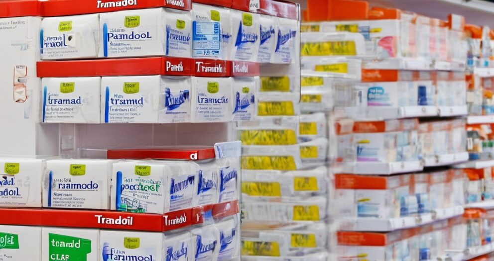 Rijen met medicijndozen staan op planken in een apotheek. De planken zijn gevuld met verschillende merkmedicijnverpakkingen, voornamelijk in wit en blauw. De setting oogt georganiseerd, met rode schapverdelers.