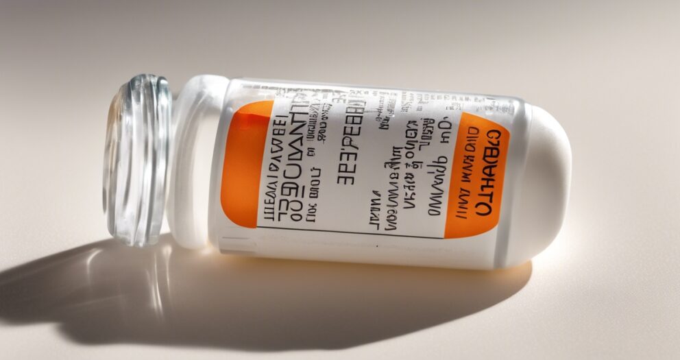 Een klein glazen medicijnflesje met een wit poeder erin, liggend op zijn kant. Het heeft een oranje label met tekst, waarvan sommige ondersteboven of omgekeerd, op een licht oppervlak.