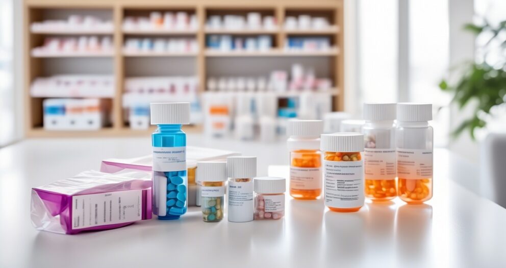 Flessen en containers met voorgeschreven medicijnen staan op een tafel in een apotheek. Planken met extra medicijnen zijn vaag op de achtergrond. Heldere, schone omgeving met natuurlijk licht.