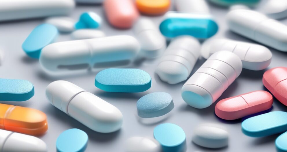 Verschillende kleurrijke pillen en capsules liggen verspreid over een oppervlak. De tabletten zijn in tinten blauw, wit, oranje en roze, verschillend in grootte en vorm, wat een visueel opvallende compositie creëert.