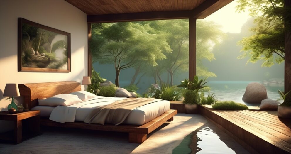 Een serene slaapkamer met een groot bed en houten meubels opent naar een natuurlandschap. Zonlicht filtert door bomen bij een rustig meer. Grote ramen zorgen voor een naadloze overgang tussen binnen en de weelderige, groene buitenomgeving.