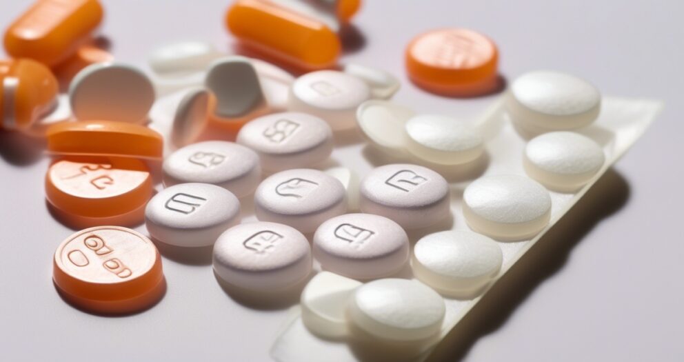 Close-up van verschillende pillen, waaronder ronde oranje en witte tabletten, sommige met ingeprinte letters en cijfers. Ze liggen verspreid op een licht oppervlak, naast een gedeeltelijk zichtbare blisterverpakking.