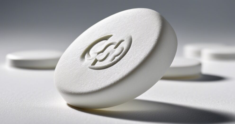 Een witte, ronde 3D-geprinte tablet met een reliëfontwerp op het oppervlak, rechtopstaand op een glad oppervlak. Andere soortgelijke tablets zijn wazig op de achtergrond, wat een zachte, minimalistische scène creëert.