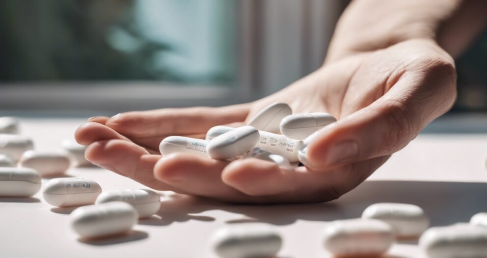 Een hand die witte capsules vasthoudt, waarvan er een aantal verspreid liggen op een oppervlak. Fel licht van een nabijgelegen raam verlicht de scène en werpt schaduwen. De achtergrond is zacht wazig, waardoor de pillen en de hand in focus worden benadrukt.