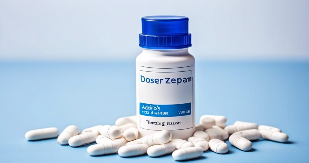 Een witte pillenfles met het label "Doser Zepam" met een blauwe dop wordt op een lichtblauw oppervlak geplaatst. Witte capsules zijn verspreid over de fles.
