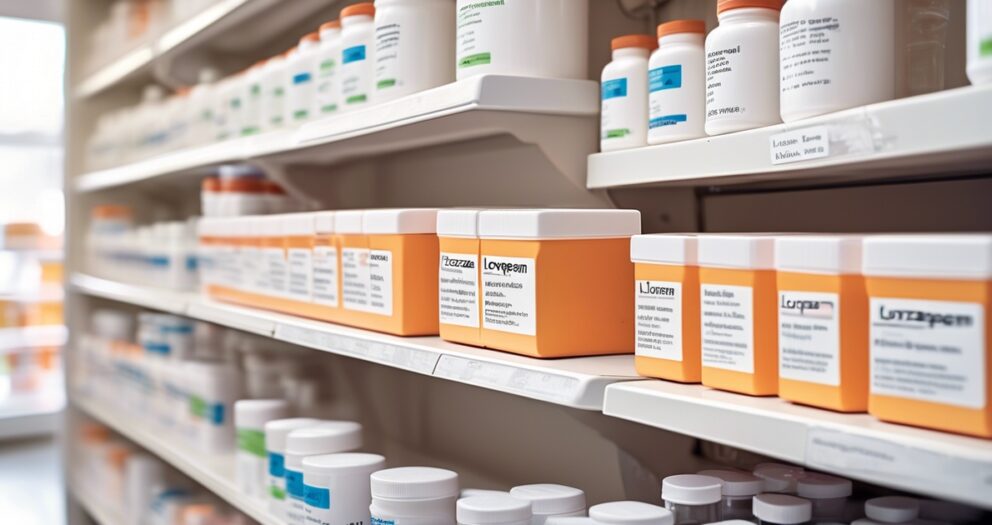 Een apotheekplank staat vol met verschillende flessen met voorgeschreven medicijnen in verschillende maten. De planken zijn netjes geordend en voorzien van labels met tekst. De verlichting is helder en benadrukt het oranje en witte kleurenschema van de verpakking.