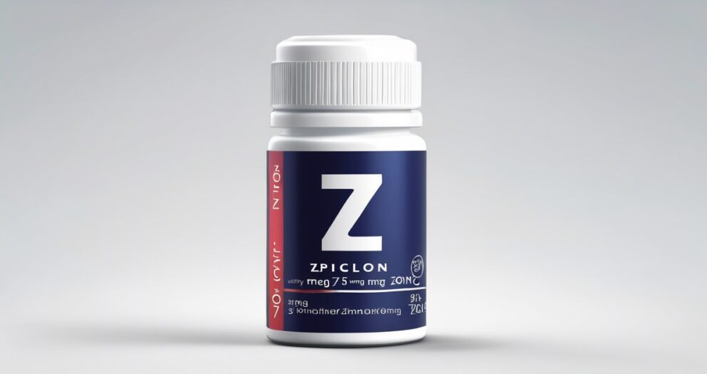Een witte cilindrische pillenfles met een donkerblauw etiket met een grote witte "Z" en het woord "Zpiclon". Het etiket bevat doseringsinformatie met details over 7,5 mg. De dop is wit en de achtergrond is een zachte gradiënt.