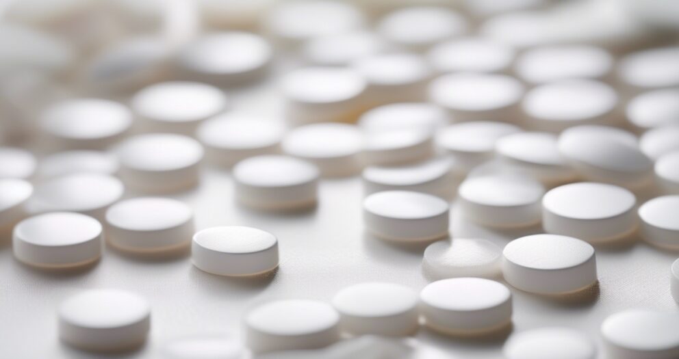 Een close-up van talloze witte, ronde tabletten die willekeurig verspreid liggen op een oppervlak. De focus is zacht, waardoor er een zacht, wazig effect ontstaat op de achtergrond.