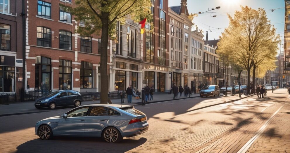 Een blauwe auto rijdt door een zonnige straat met bakstenen gebouwen met grote ramen. Mensen lopen op de stoep en bomen werpen schaduwen op de weg. De lucht is helder, wat een warme, uitnodigende sfeer creëert.