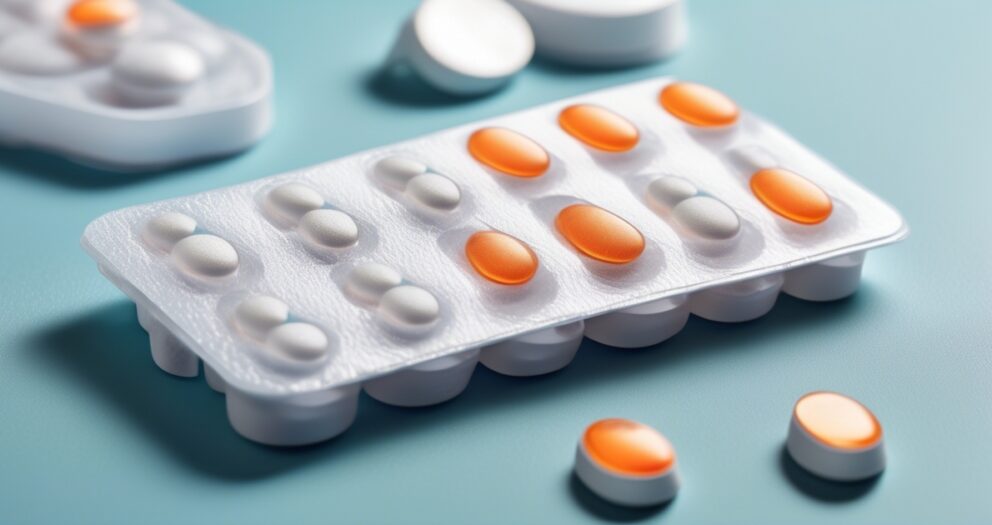 Een blisterverpakking met witte en oranje ovale pillen wordt weergegeven op een lichtblauw oppervlak. Sommige pillen zijn verspreid over de verpakking, met de nadruk op hun levendige kleuren en gladde textuur.