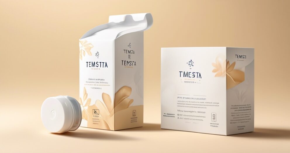 Twee pastelkleurige dozen op een beige achtergrond. De ene doos is open met een dop, terwijl de andere gesloten is. Beide dozen zijn voorzien van delicate bloemenontwerpen en de merknaam "TEMSTA". Tekst in verschillende talen is op de dozen gedrukt.