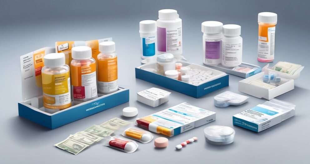 Een verzameling van verschillende medicijnflessen en blisterverpakkingen zijn gerangschikt op een grijs oppervlak. Ze omvatten receptflessen, tabletten en capsules. Sommige containers zitten in blauwe dozen. Losse pillen en kleine verbanden liggen in de buurt.