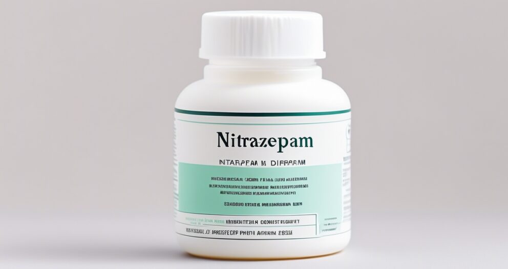 Een witte plastic pillenfles met een groen label met het woord "Nitrazepam". Het label bevat extra tekst in kleinere letters. De fles is geplaatst op een effen, lichtgekleurd oppervlak.