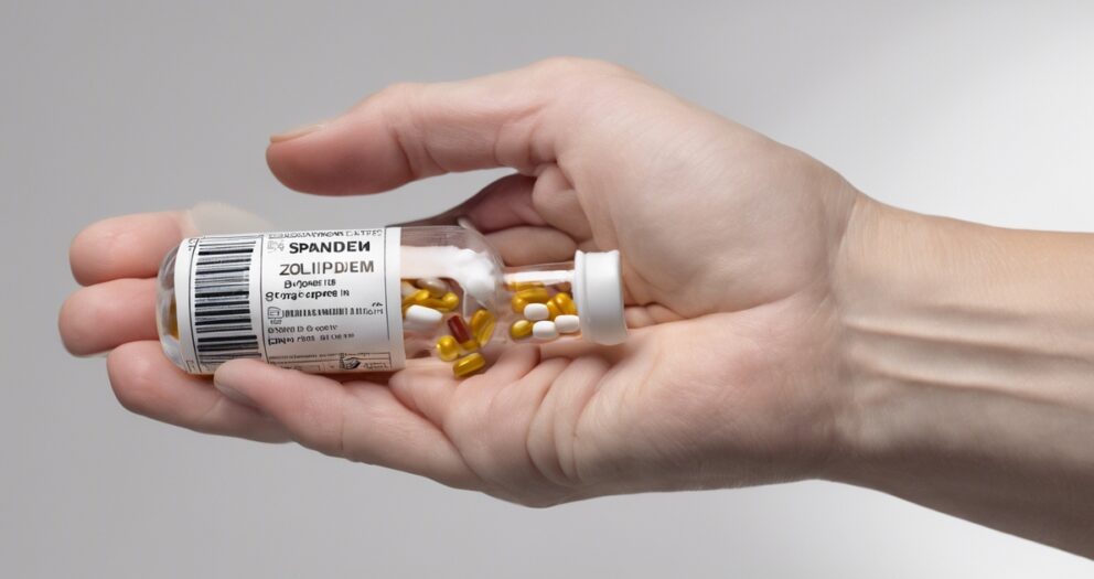 Een hand die een doorzichtig pillenflesje vasthoudt met het label "Zolpidem", gevuld met gele en witte capsules. Het flesje staat gekanteld, waardoor sommige capsules tegen het deksel rusten.