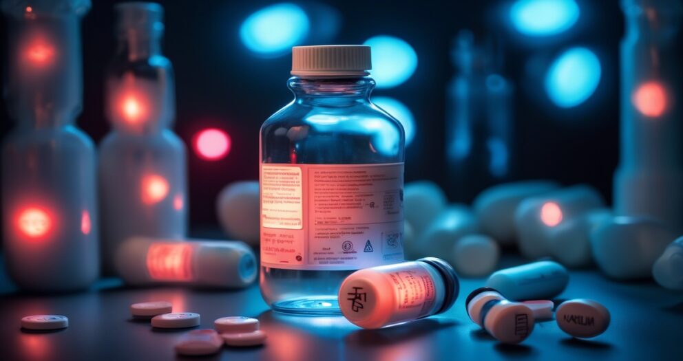 Een glazen fles met een etiket met vloeistof is omgeven door witte medicijnflesjes en pillen. De scène speelt zich af in een donkere omgeving met levendige blauwe en rode lichten, wat een futuristische of klinische sfeer creëert.