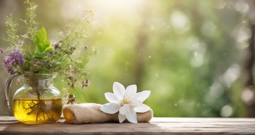 Een glazen kan gevuld met kruidenolie staat op een houten tafel versierd met verse wilde bloemen. Een opgerolde handdoek en een witte jasmijnbloem liggen ernaast. Zonlicht filtert door een weelderige groene achtergrond, wat een serene en natuurlijke ambiance creëert.
