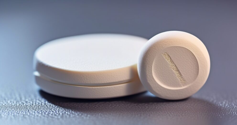 Close-up van twee witte, ronde tabletten op een glad grijs oppervlak. Eén tablet staat rechtop met een breukstreep, terwijl de andere er plat achter ligt, iets groter. De belichting benadrukt hun texturen en zachte matte afwerking.