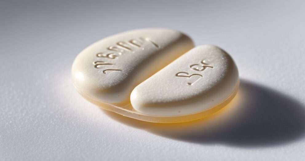 Close-up van twee beige, langwerpige pillen met gegraveerde markeringen die op een plat oppervlak rusten. De pillen zijn dicht op elkaar uitgelijnd, waardoor een compacte opstelling ontstaat. De belichting is zacht, waardoor hun gladde textuur wordt benadrukt.