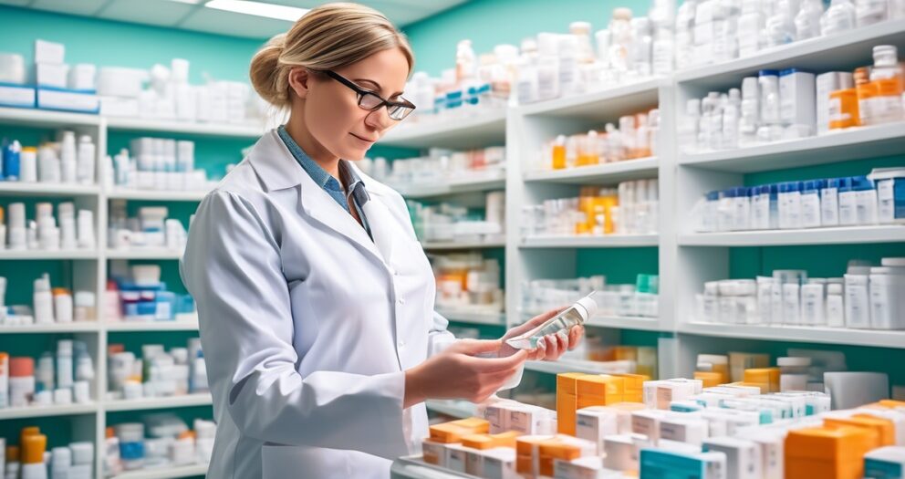 Een apotheker met bril en witte jas bekijkt een medicijnfles in een apotheek. Ze wordt omringd door planken vol met verschillende medicijnflessen en -dozen.