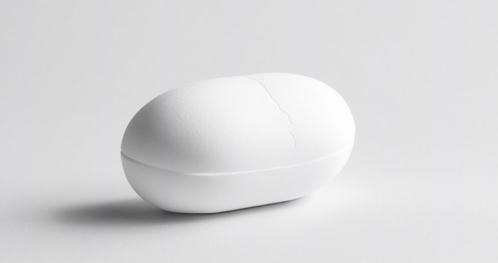 Een glad, mat wit object dat lijkt op een grote, ronde kiezelsteen of minimalistische sculptuur staat op een effen wit oppervlak. Het object is prominent aanwezig tegen een schone achtergrond, wat de textuur en eenvoudige vorm benadrukt.