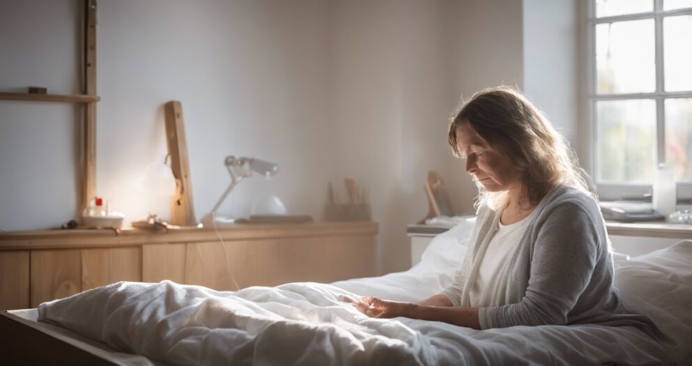 Een vrouw met lang haar zit op een bed in een zacht verlichte kamer. Ze lijkt peinzend en kijkt naar haar handen. De kamer is minimalistisch met een houten plank, een lamp en een raam dat natuurlijk licht binnenlaat.