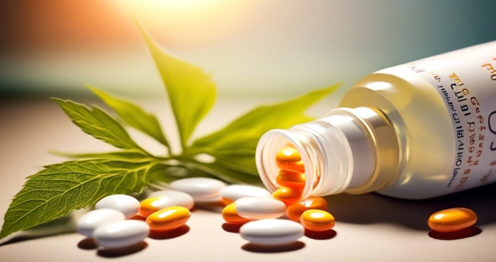 Een omgevallen pillenfles met rode en witte capsules die op een oppervlak vallen. Groene bladeren zijn op de achtergrond en warm licht benadrukt de scène, wat suggereert dat de focus ligt op natuurlijke of kruidengeneeskunde.
