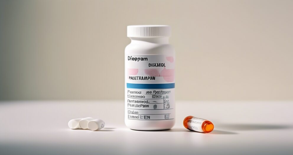 Een witte plastic fles met het label "Dieepam" en "Diazol" met kleine pillen verspreid in de buurt. Twee oranje en witte capsules liggen op de voorgrond. De achtergrond is een neutraal beige.