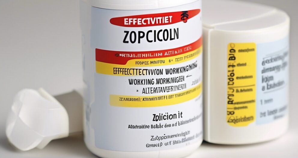 Een close-up van een medicijnfles met het label "Zopcicolon", met tekst in meerdere talen over de effectiviteit. De fles staat rechtop, met een witte dop, naast een witte maatlepel. Een andere fles is gedeeltelijk zichtbaar op de achtergrond.