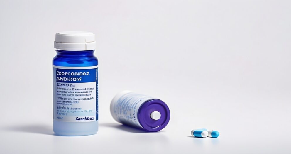 Een blauw-witte fles met voorgeschreven pillen, gelabeld met tekst, staat rechtop naast een bijpassende gevallen fles op een wit oppervlak. Twee blauw-witte capsules liggen ernaast.