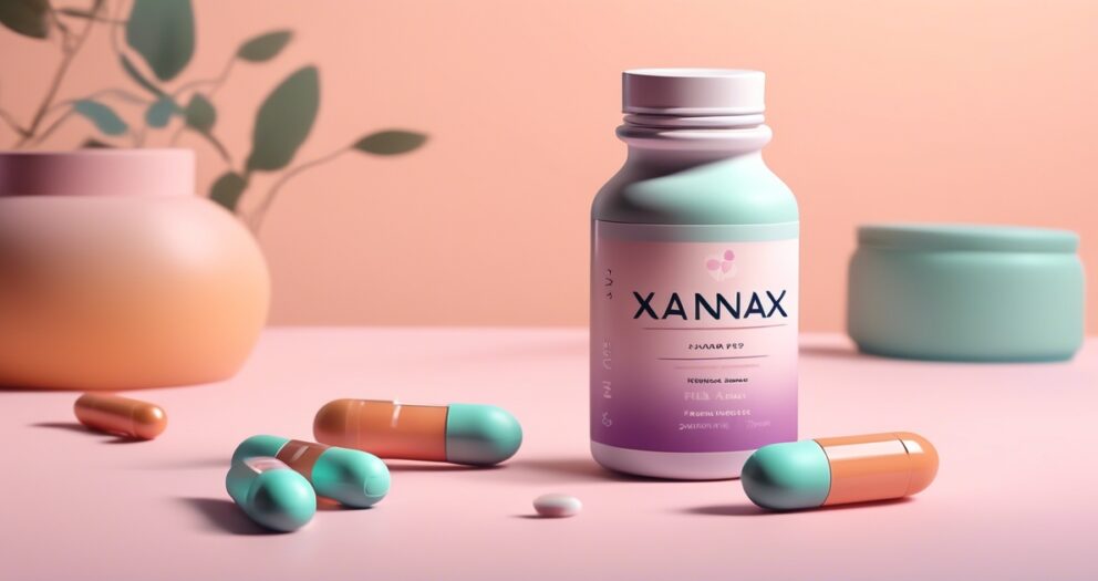 Een fles met het label "XANNAX" staat op een perzikkleurig oppervlak, omringd door capsules met blauwgroene en oranje helften. Op de achtergrond zijn vage vormen te zien die lijken op een plant en containers.